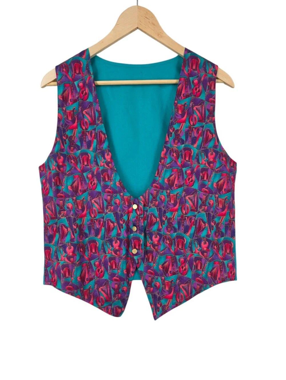 Vintage Vibrant Music Instrument and Note Print Vest in Teal & Purple